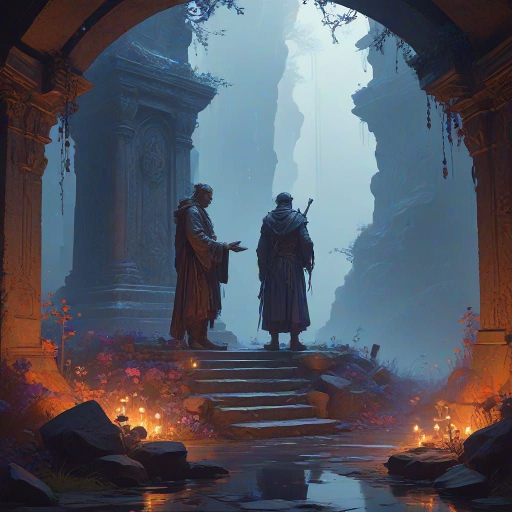 Mystical Druid at Bioluminescent Altar: Dark Fantasy Art