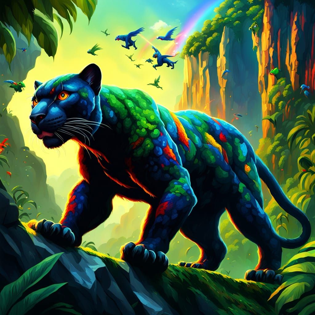 Stone Panther with Fiery Eyes Over Rainforest