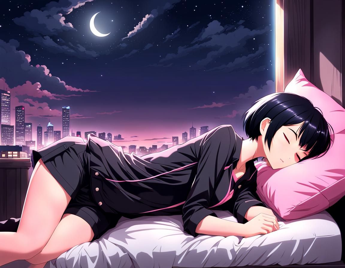 Anime Style Woman Sleeping at Night