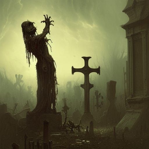Creepy Zombie Rising from Graveyard Tombstones