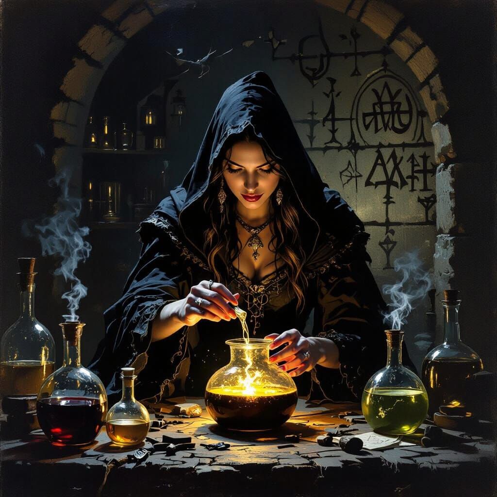 Gothic Sorceress Brews Potion in Oil Painting Style