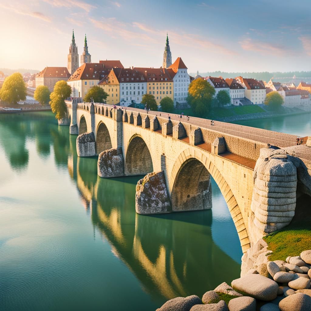 Stone Bridge Over Danube River as Oil Painting