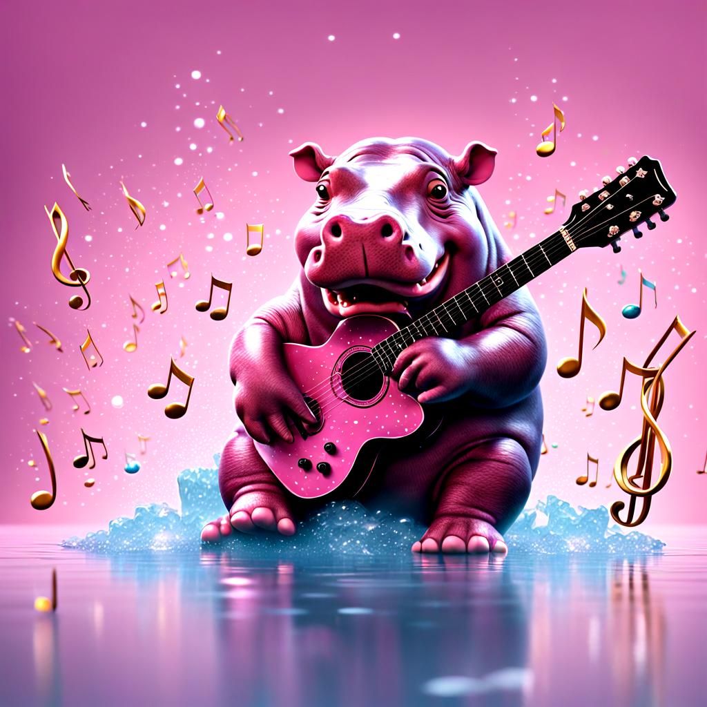 Pink Hippo Plays Guitar in Hyper-Realistic Digital Art