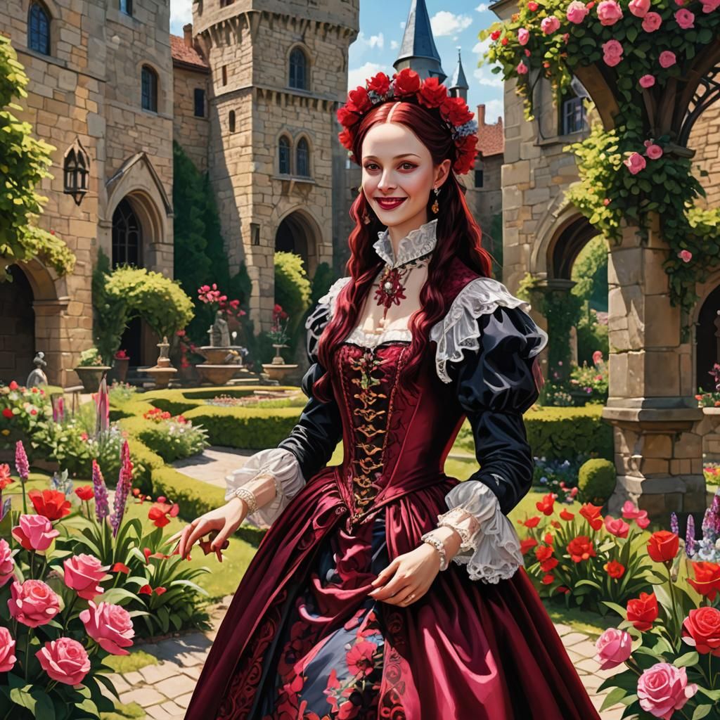 Youthful Elizabeth Bathory in Sunlit Gardens