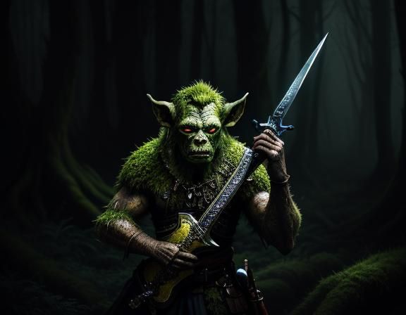 Goblin Warrior in Mystical Forest, Dark Fantasy Art