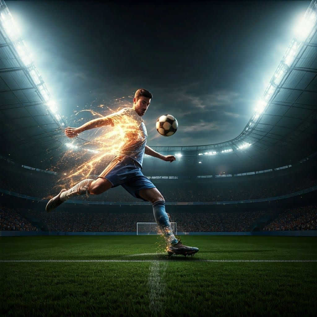 Football Player's Powerful Penalty Kick in a Lit Stadium