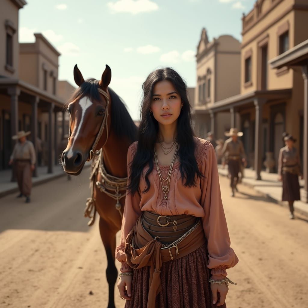 Mexican Woman in Traditional Clothes with Horse in Wild West