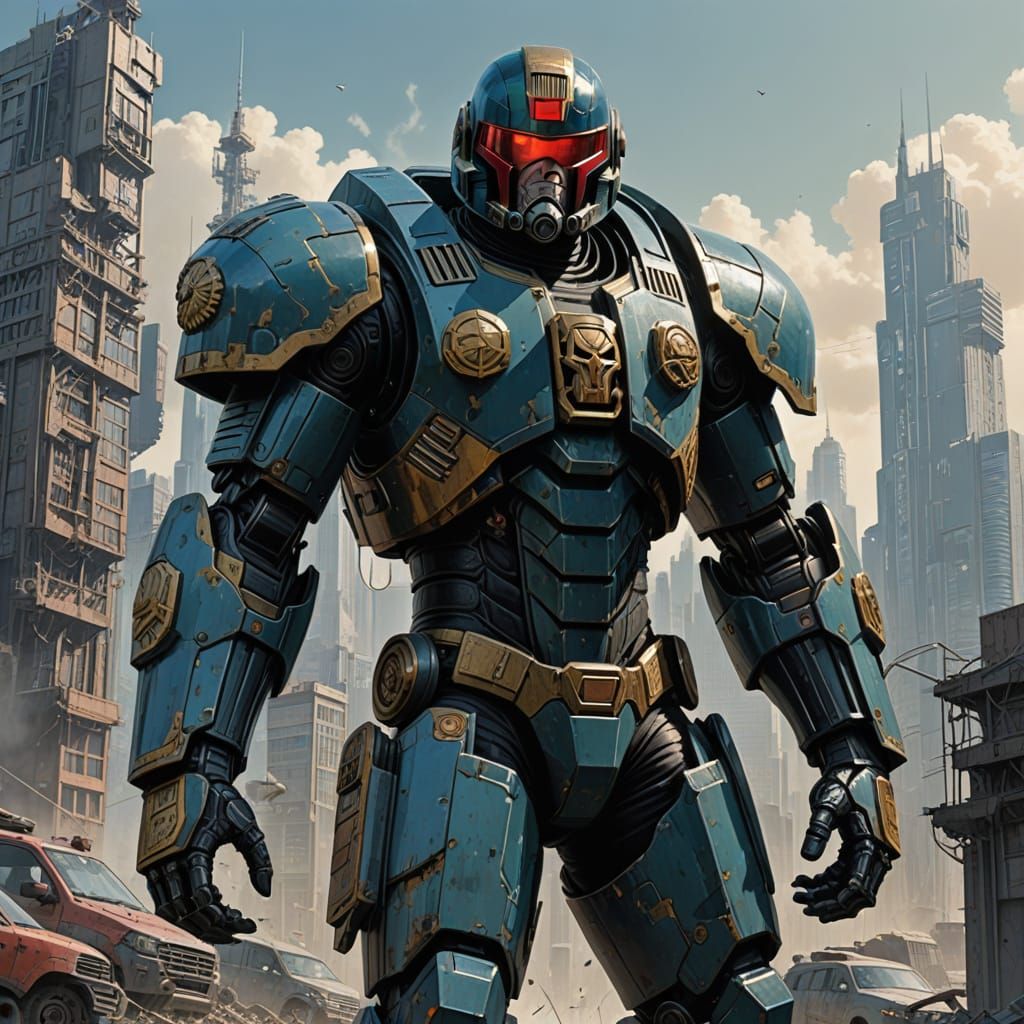 Judge Dredd in Futuristic Power Armor Beside Mech Knight