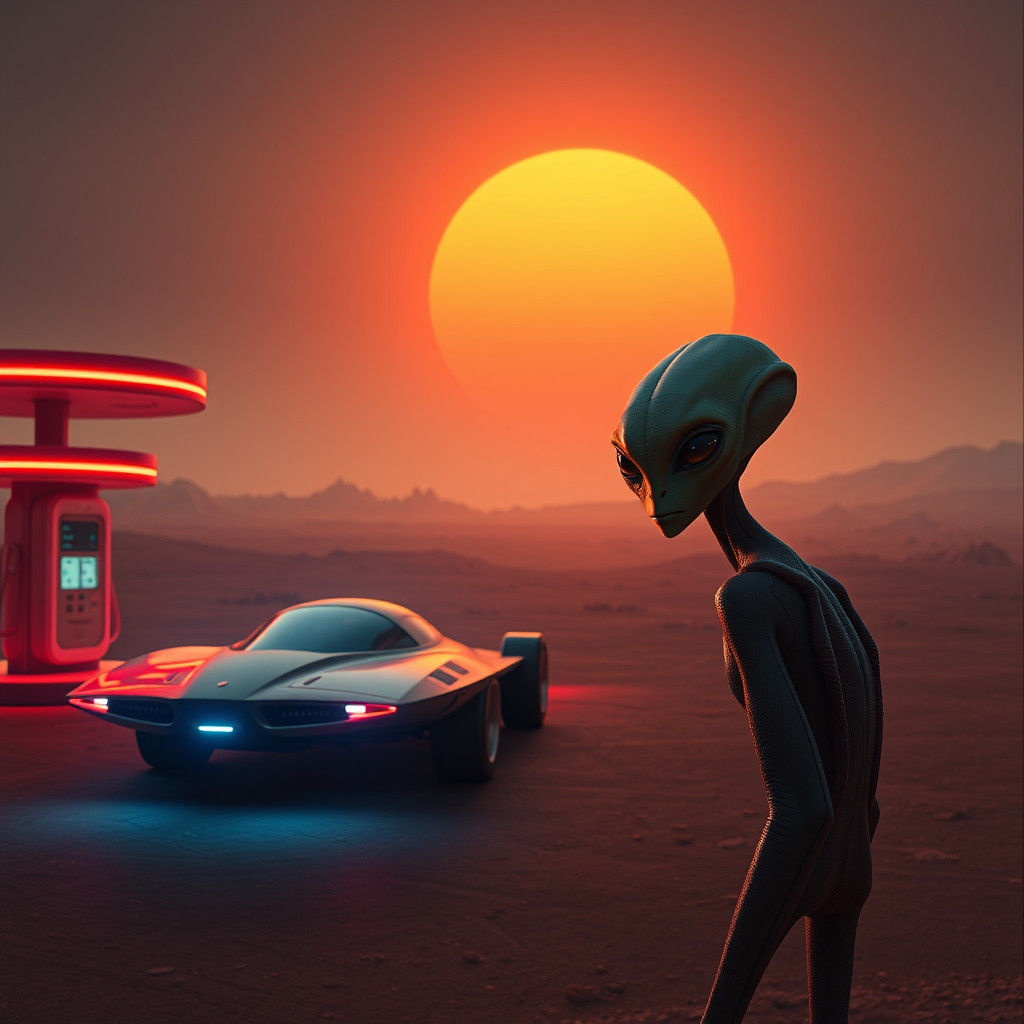 Alien Hotrod Refuels at Futuristic Fuel Station