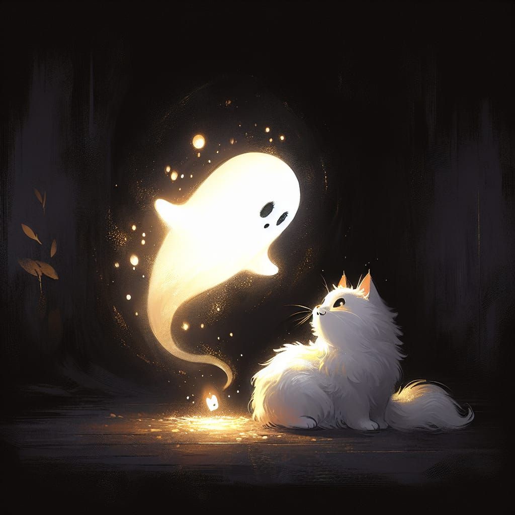 Whimsical White Ghost Plays with Golden Cat in Dark Room
