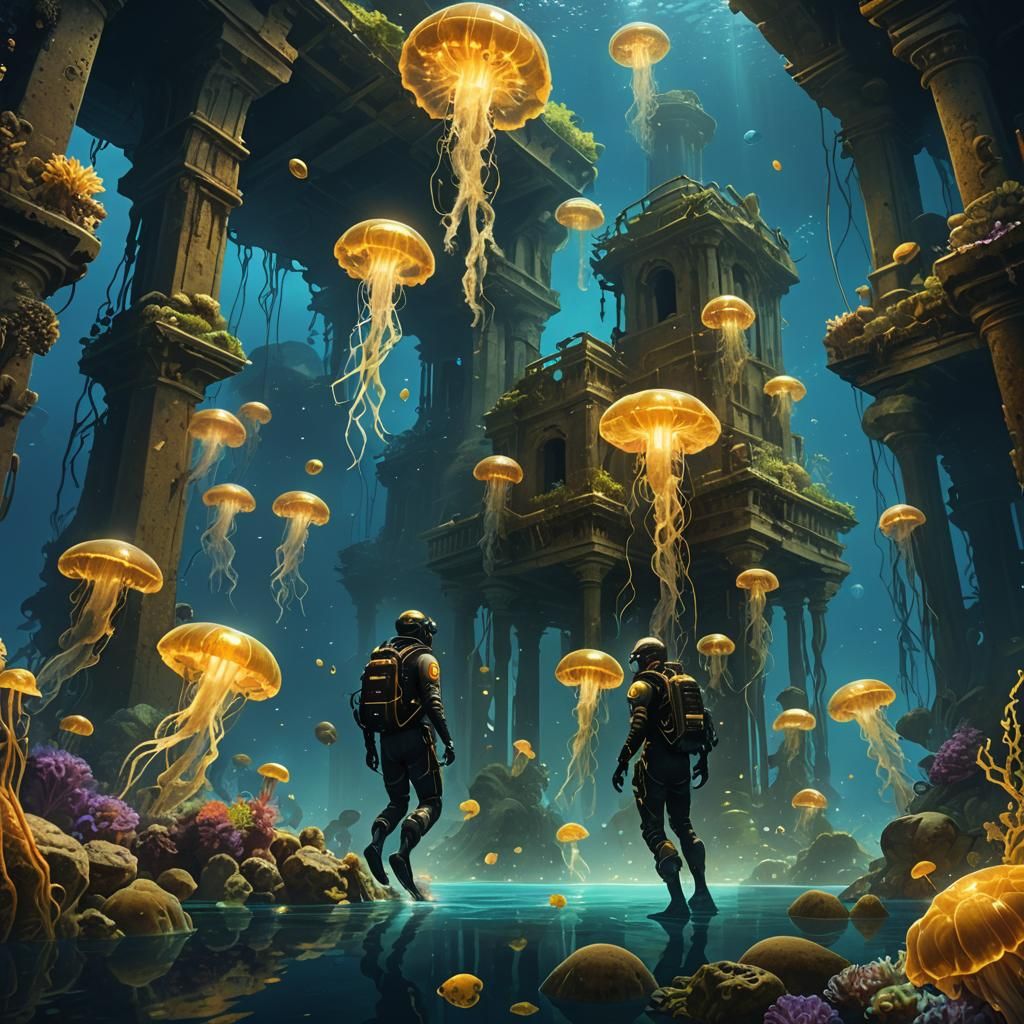 Underwater Abyss: Diver Among Sunken Ruins