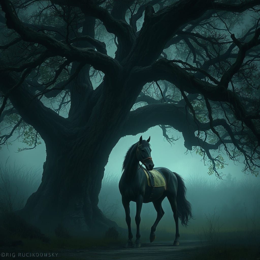 Mysterious Horse in Dusk Lit Woods