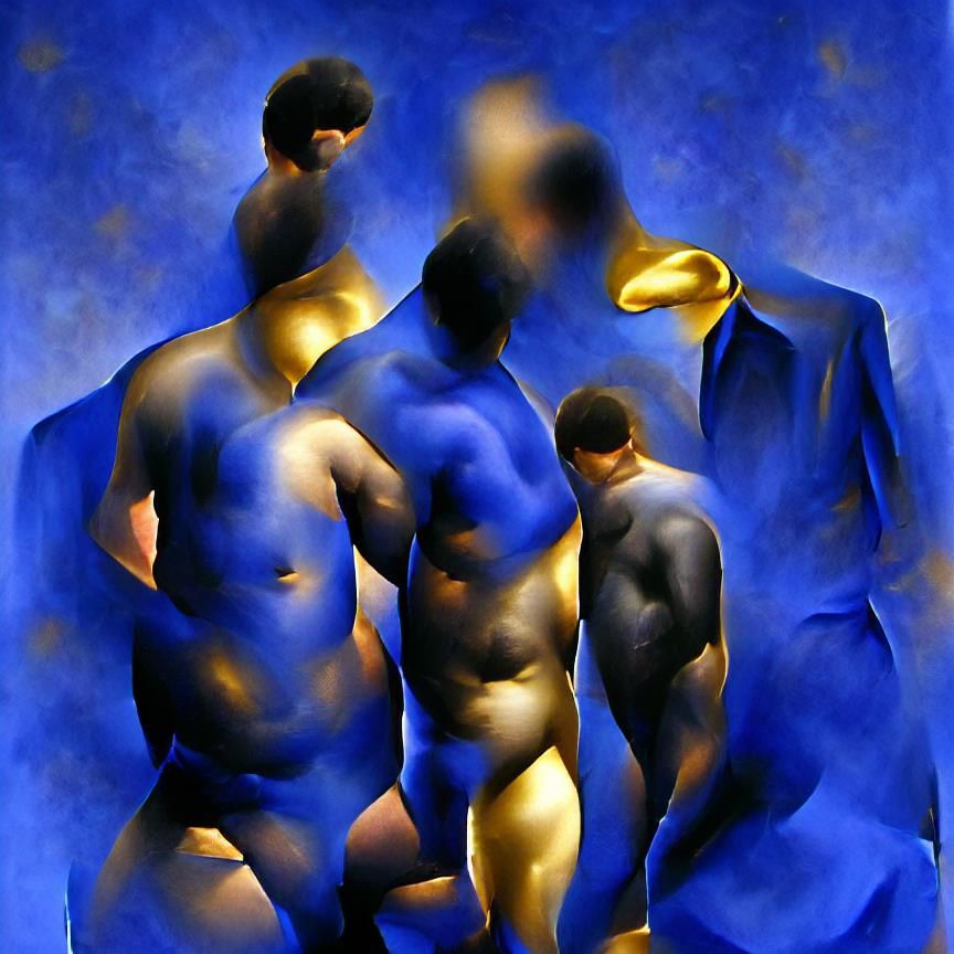 Elegant Portrait of Nude Men in Black, Blue and Gold