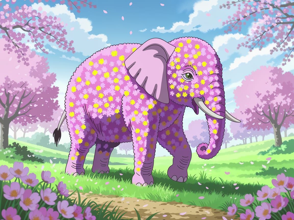 Surreal Floral Elephant in a Dreamy Cherry Blossom Landscape
