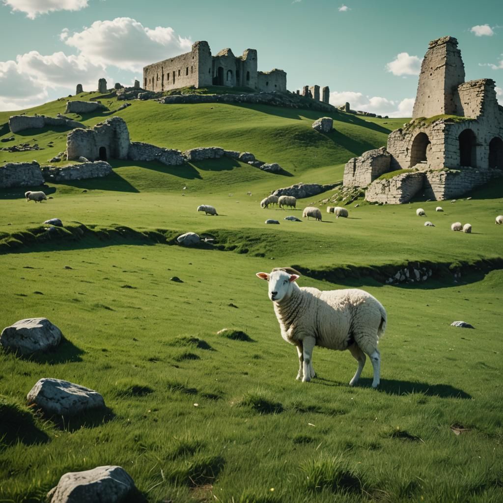 Cinematic Sheep Grazing Among Ancient Ruins