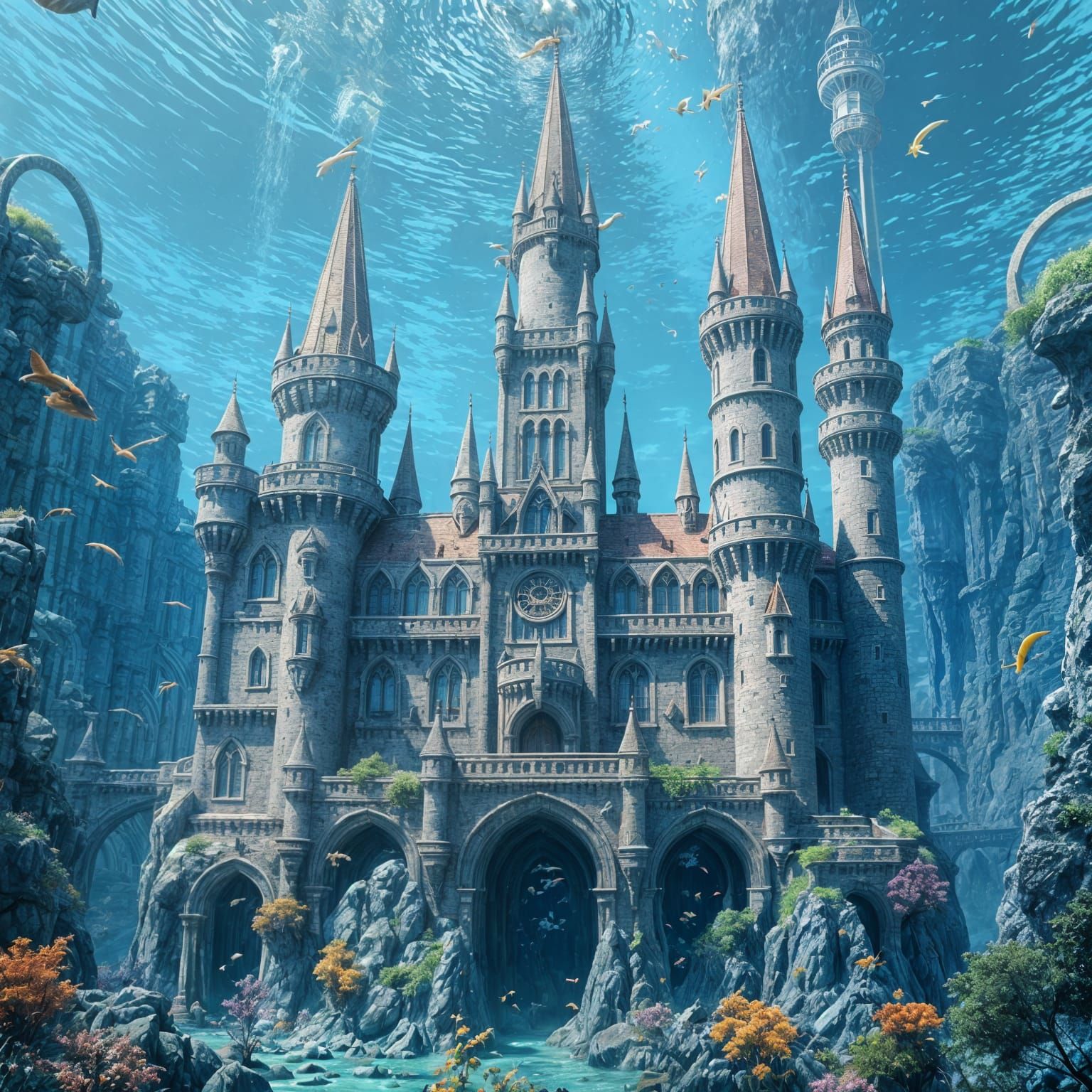 Medieval Castle Underwater: Vibrant Aquarium Scene in 3D Ani...
