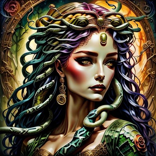 Impressionist Medusa with Snakes in Deep Fantasy Setting