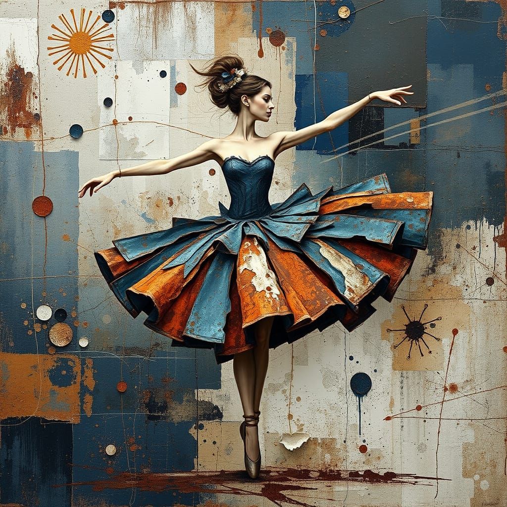 Abstract Ballerina in Rusty Metal Tutu, Mixed Media Collage