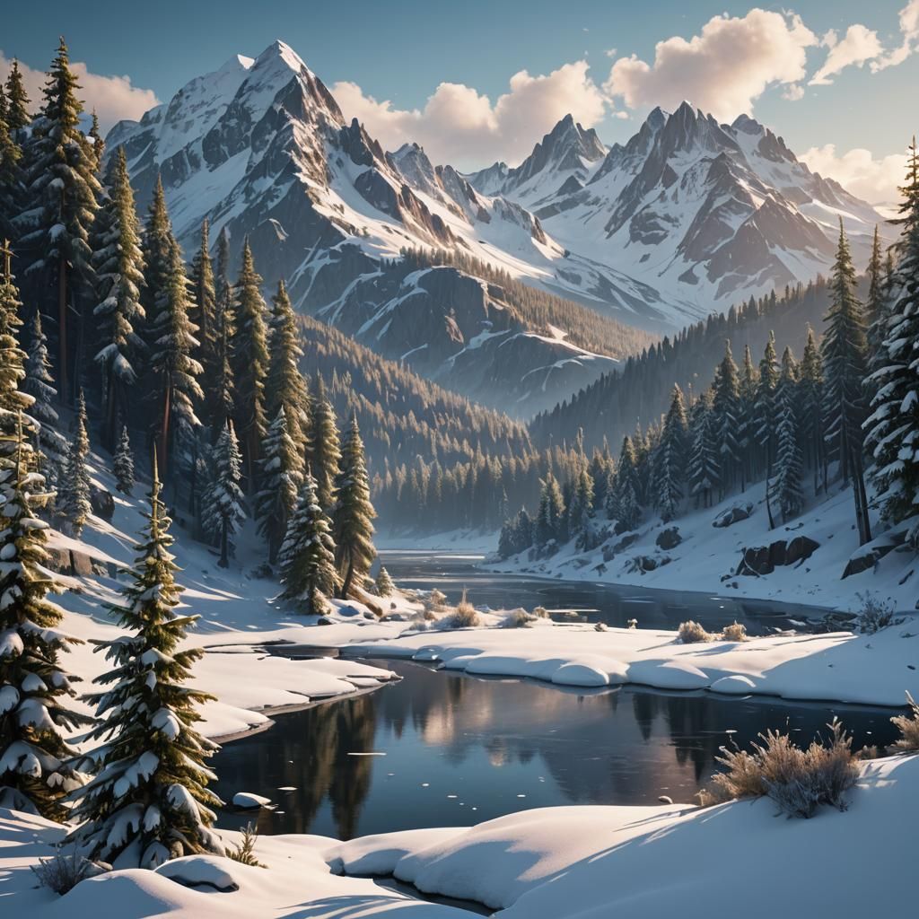 Winter Landscape with Frozen Pond, in Detailed Style