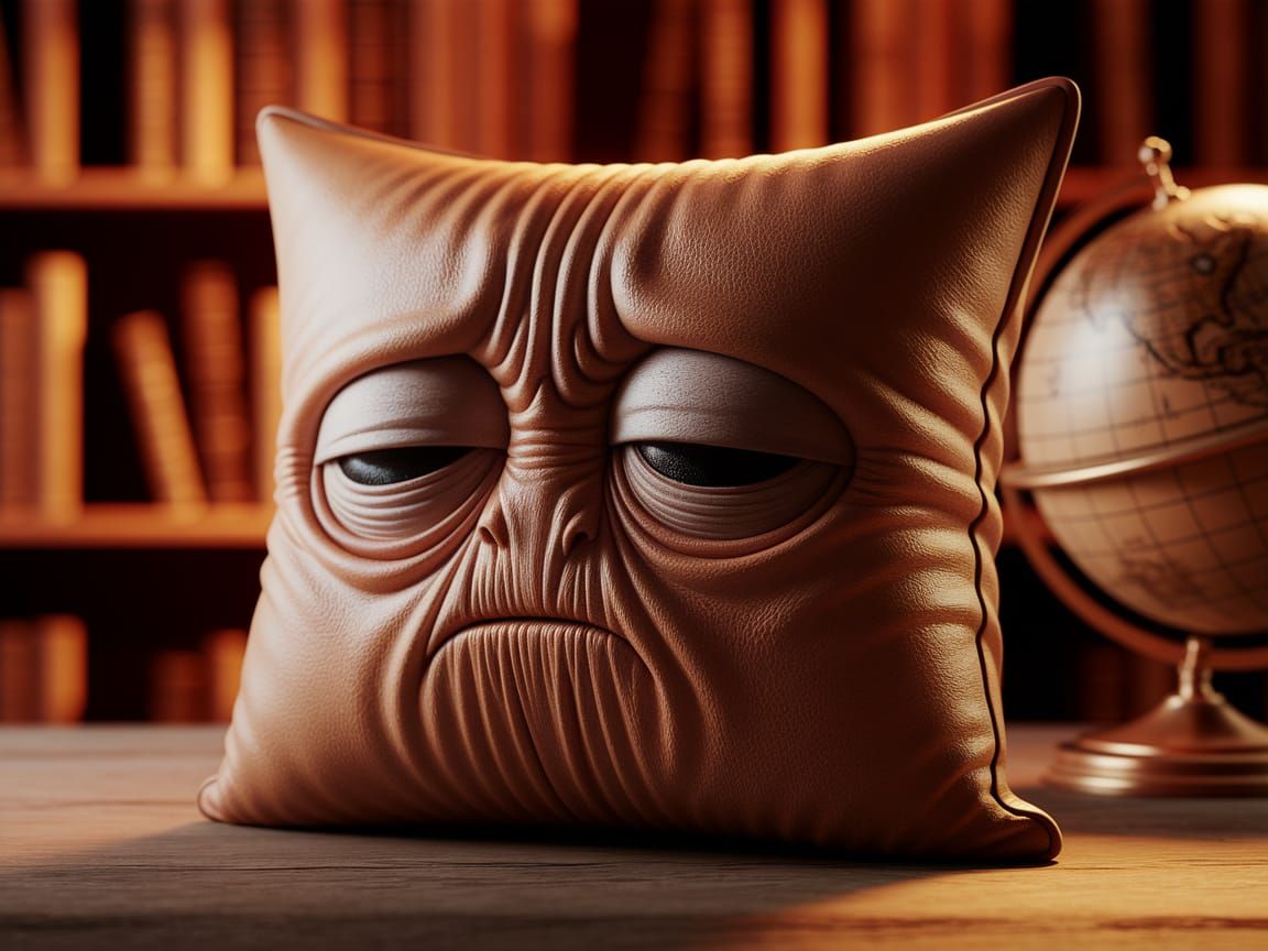 Anthropomorphic Leather Cushion with Sleepy Eyes