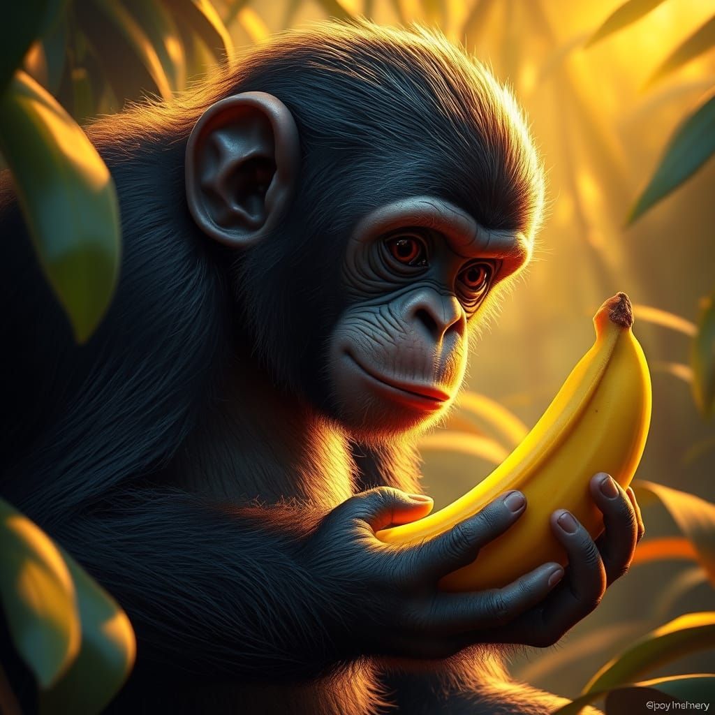 Baby Chimpanzee Learns About Bananas in Jungle