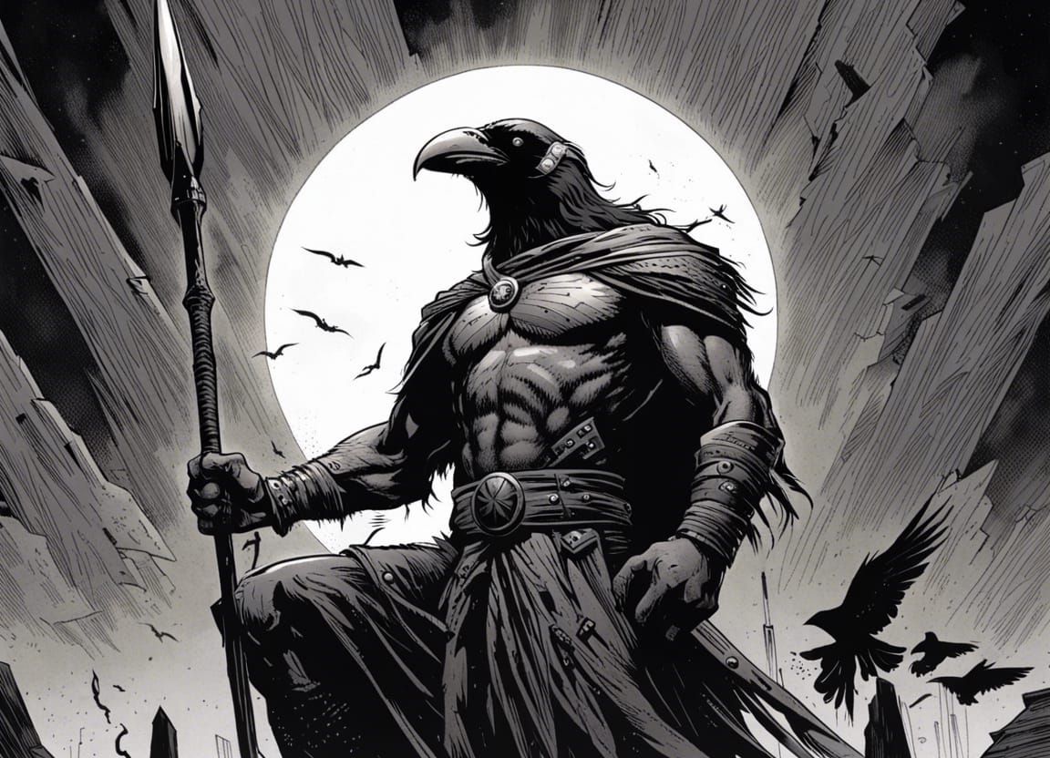 Monochrome Odin with Raven, Comic Book Art