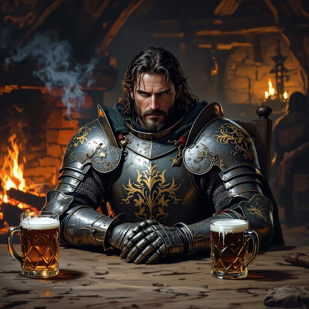 Knight in Dimly Lit Tavern, Gritty Fantasy Style