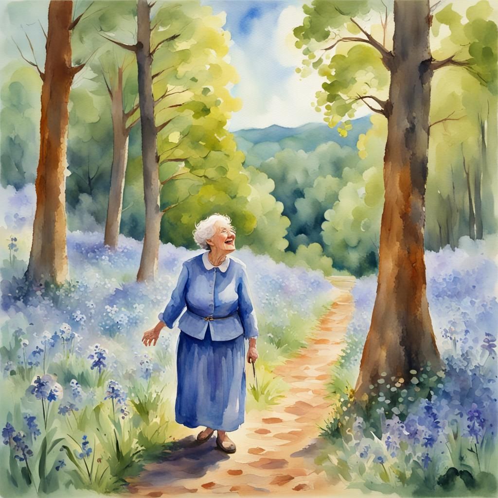 Laughing Lady in Bluebell Wood: Gouache Watercolor