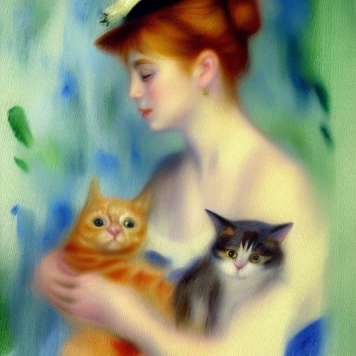 Impressionist Lady with Cat Gouache Painting