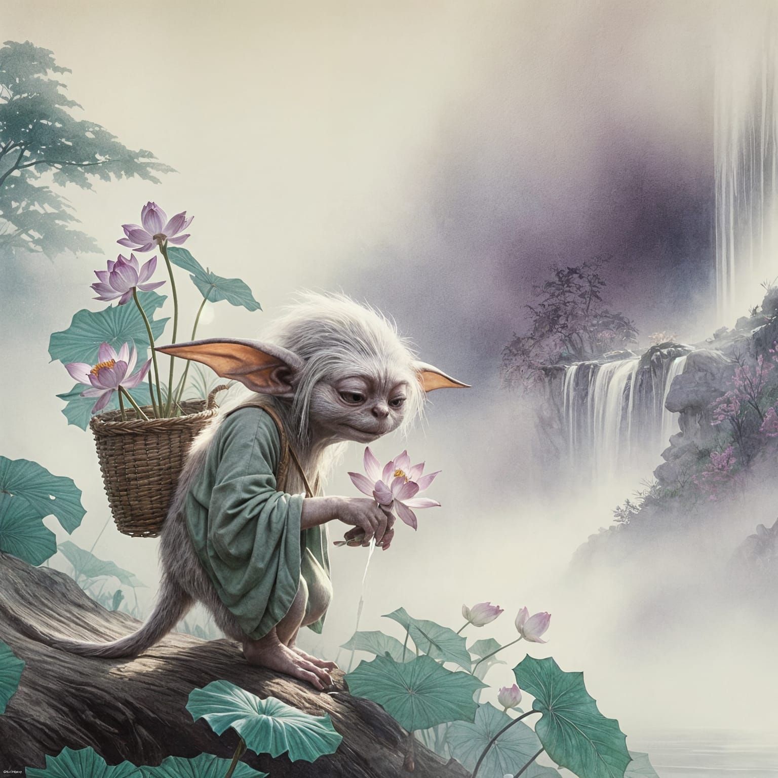 Gremlin Smelling Lotus Flowers in Ukiyo-e Style