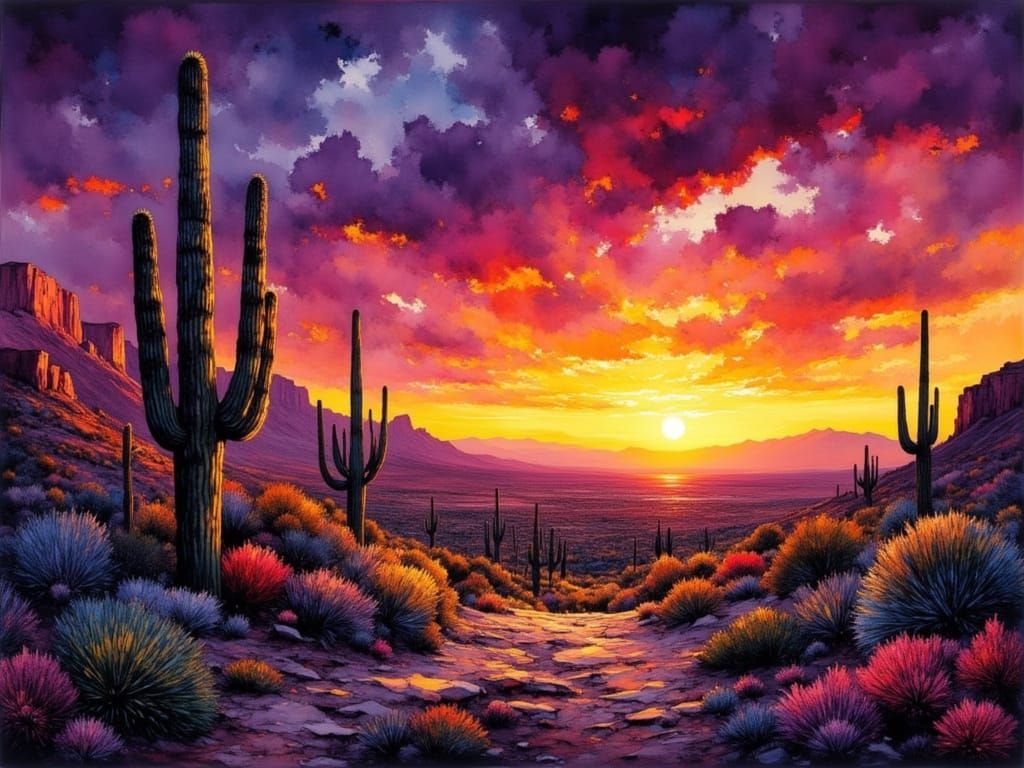 Surreal Desert Sunset in Vibrant Hues with Cosmic Textures