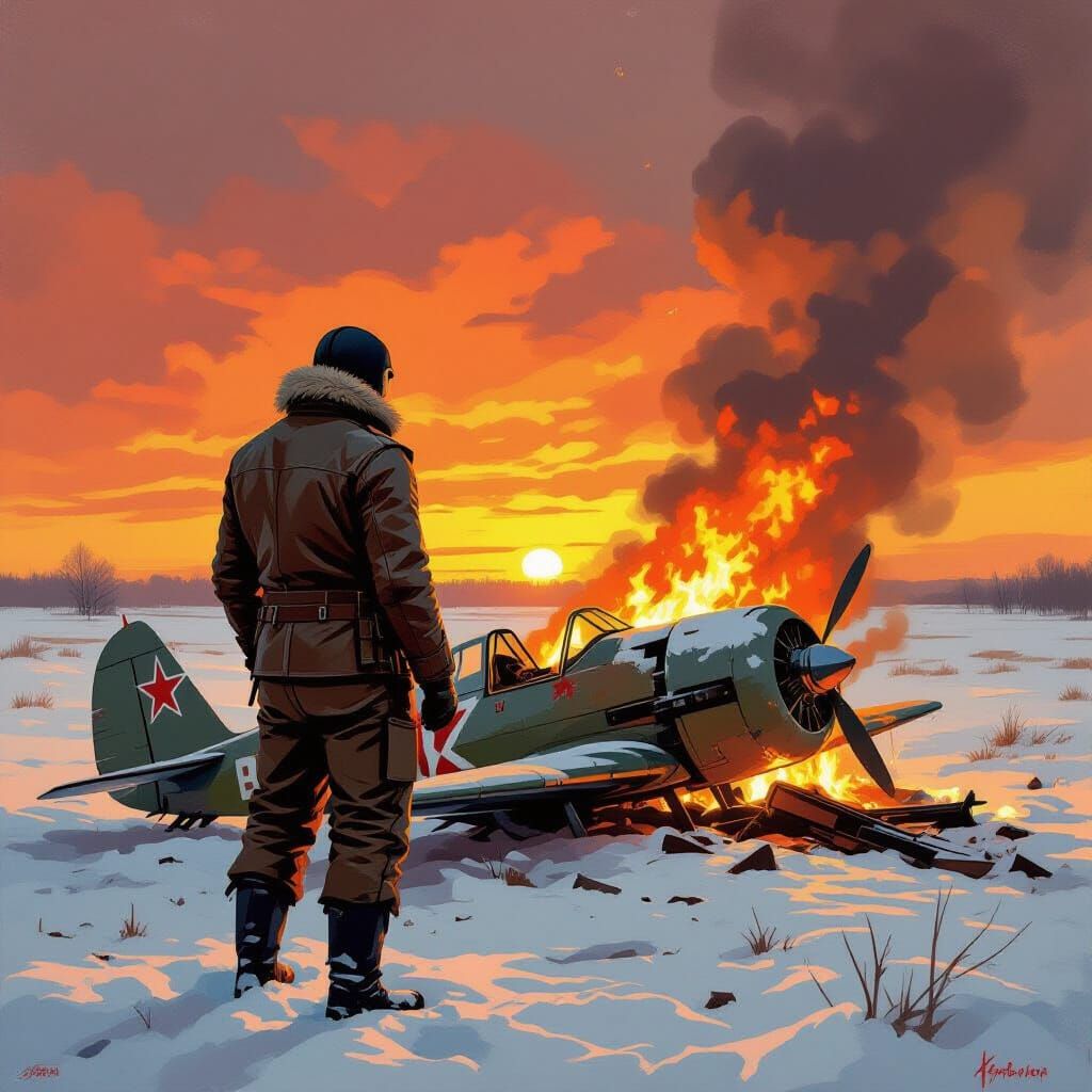 Soviet Pilot Near Burning Wreckage in Brutalist Style