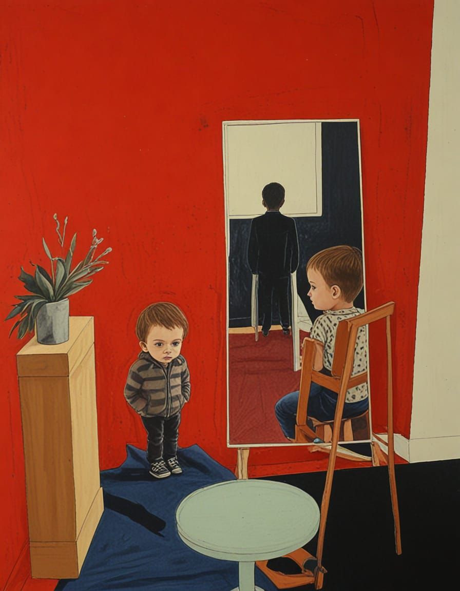 Boy Behind Mirror: Strange Mixed Media Drawing