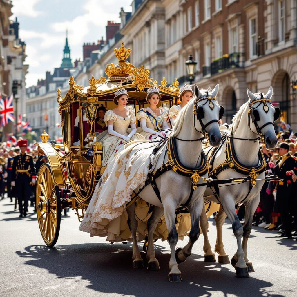 Royal Princesses Parade in Ornate Carriage, Oil Painting Sty...