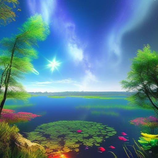 Cosmic Pond Scene in Astral Illustration Style
