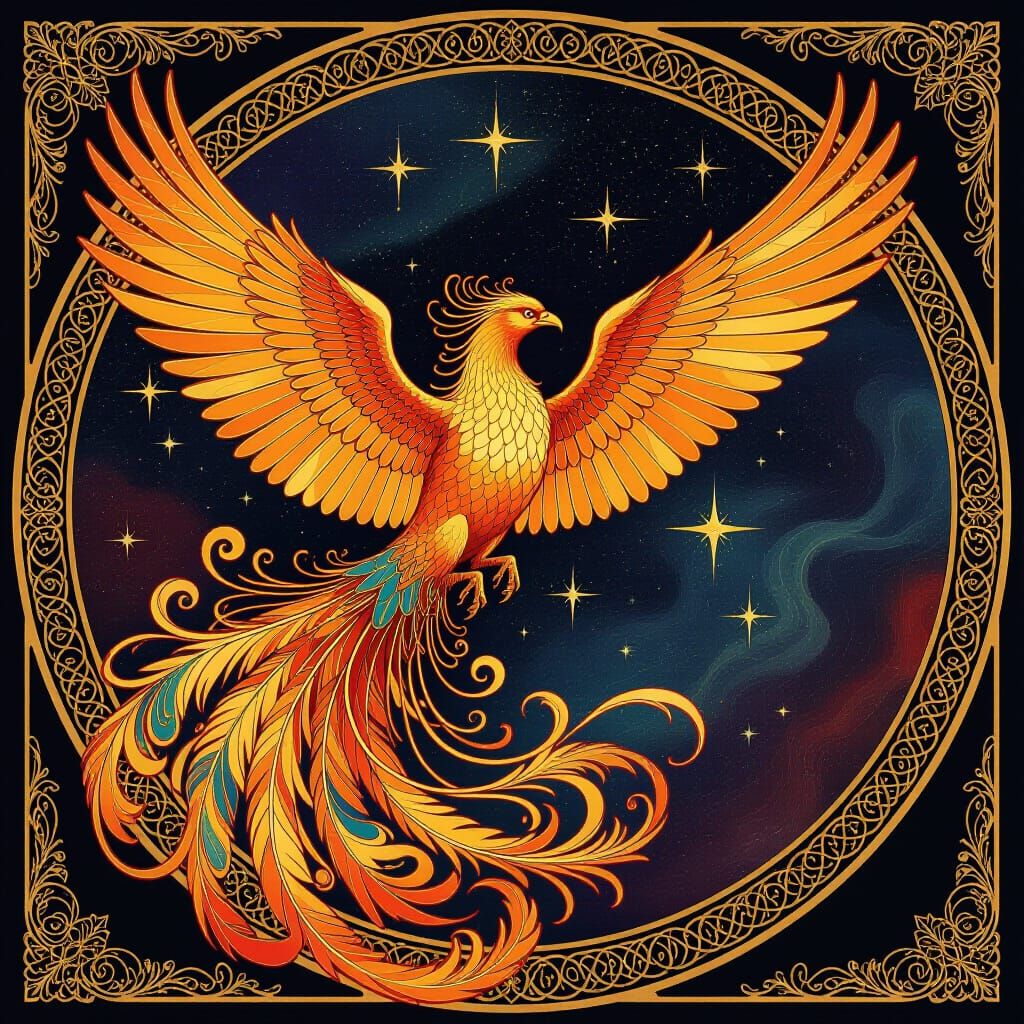 Majestic Phoenix in Cosmic Nebula, Art Nouveau Style