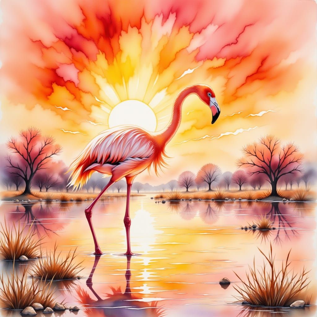 Magnificent Flamingo Wading at Sunset in Watercolor Style