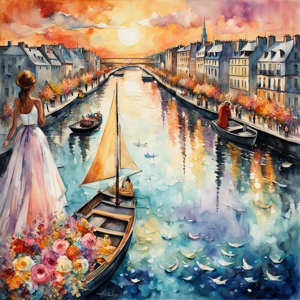 Women with Flowers in Paris Harbor, Abstract Watercolor