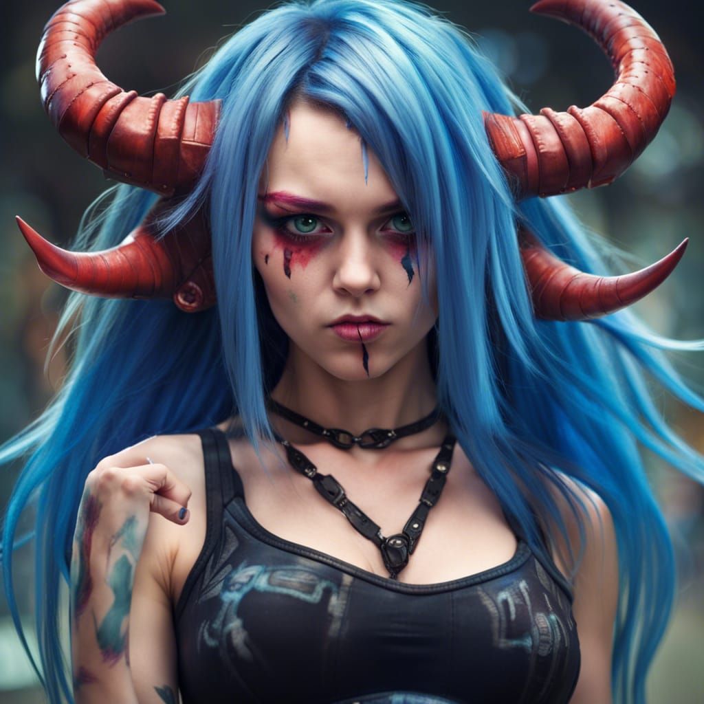 Blue-Haired Teen Confronts Horned Demon: Professional Photog...