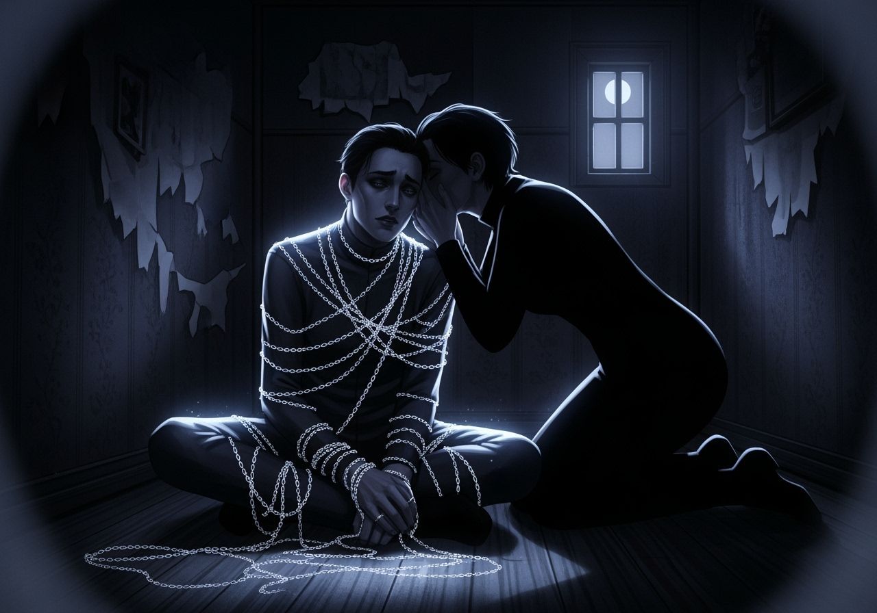 Intimate Melancholy Scene: Whispers in a Dimly Lit Room