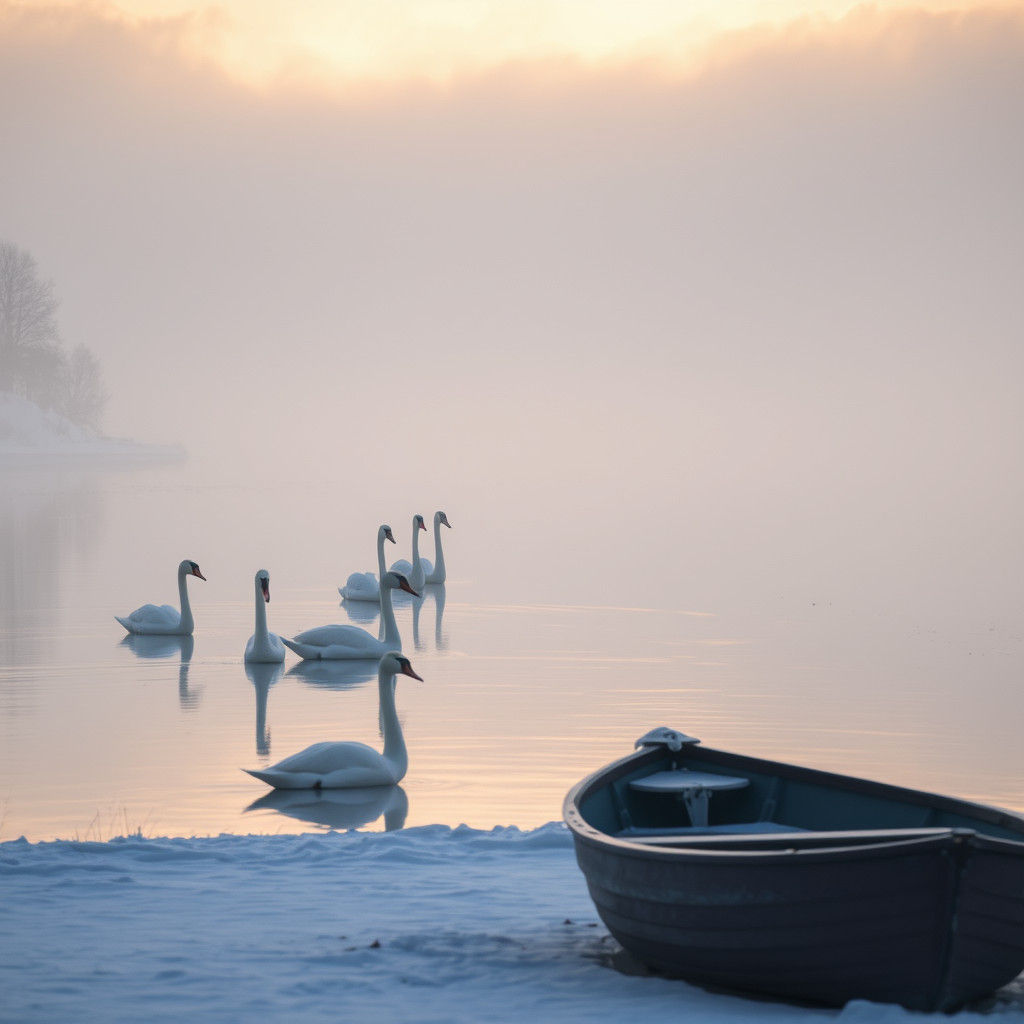 Winter Wonderland Scene with Swans and Rowing Boat in Soft E...