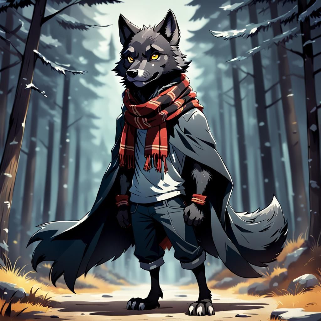 Anthropomorphic Wolf Cartoon in Anime Style