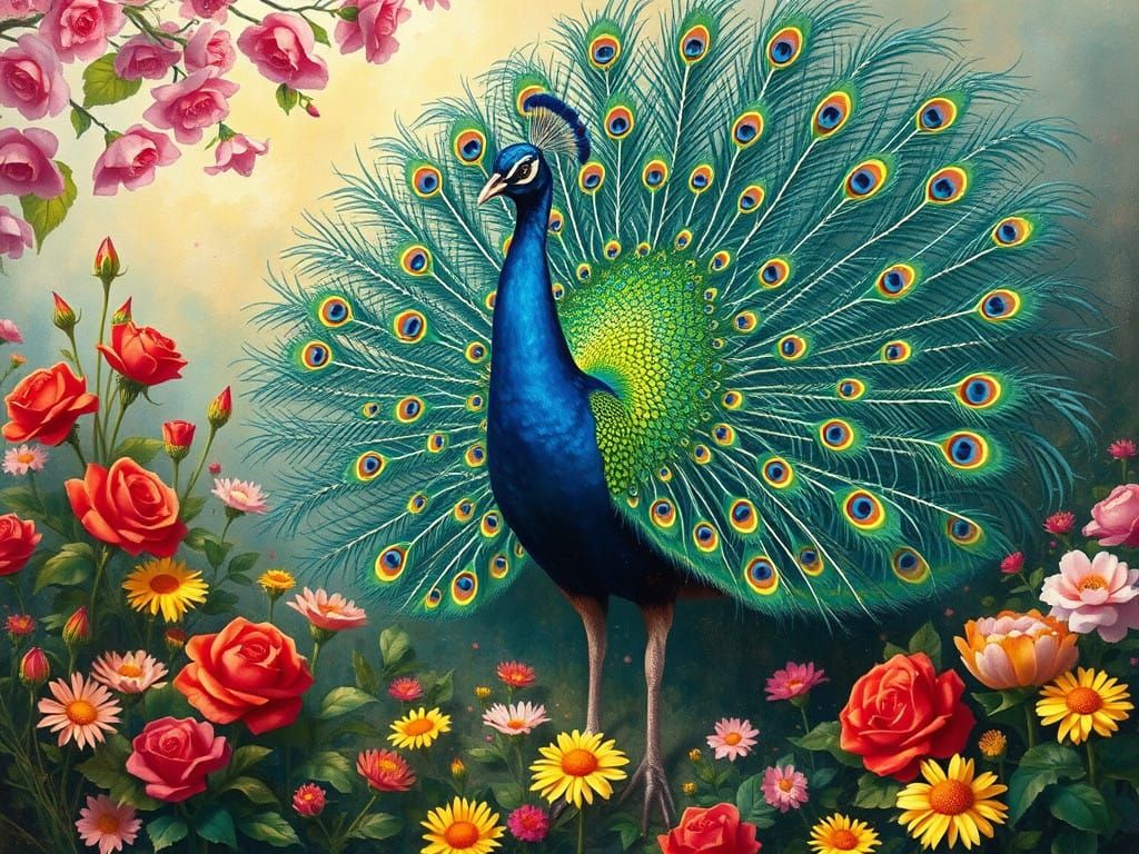 Majestic Peacock Unfurls Vibrant Plumage in Whimsical Garden