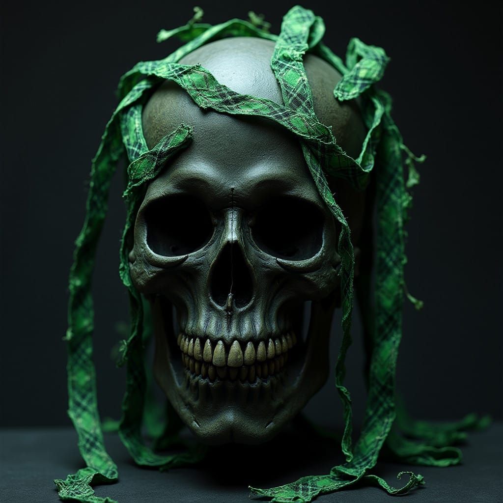 Mysterious Celtic Skull with Vibrant Green Ribbons in Dark,....