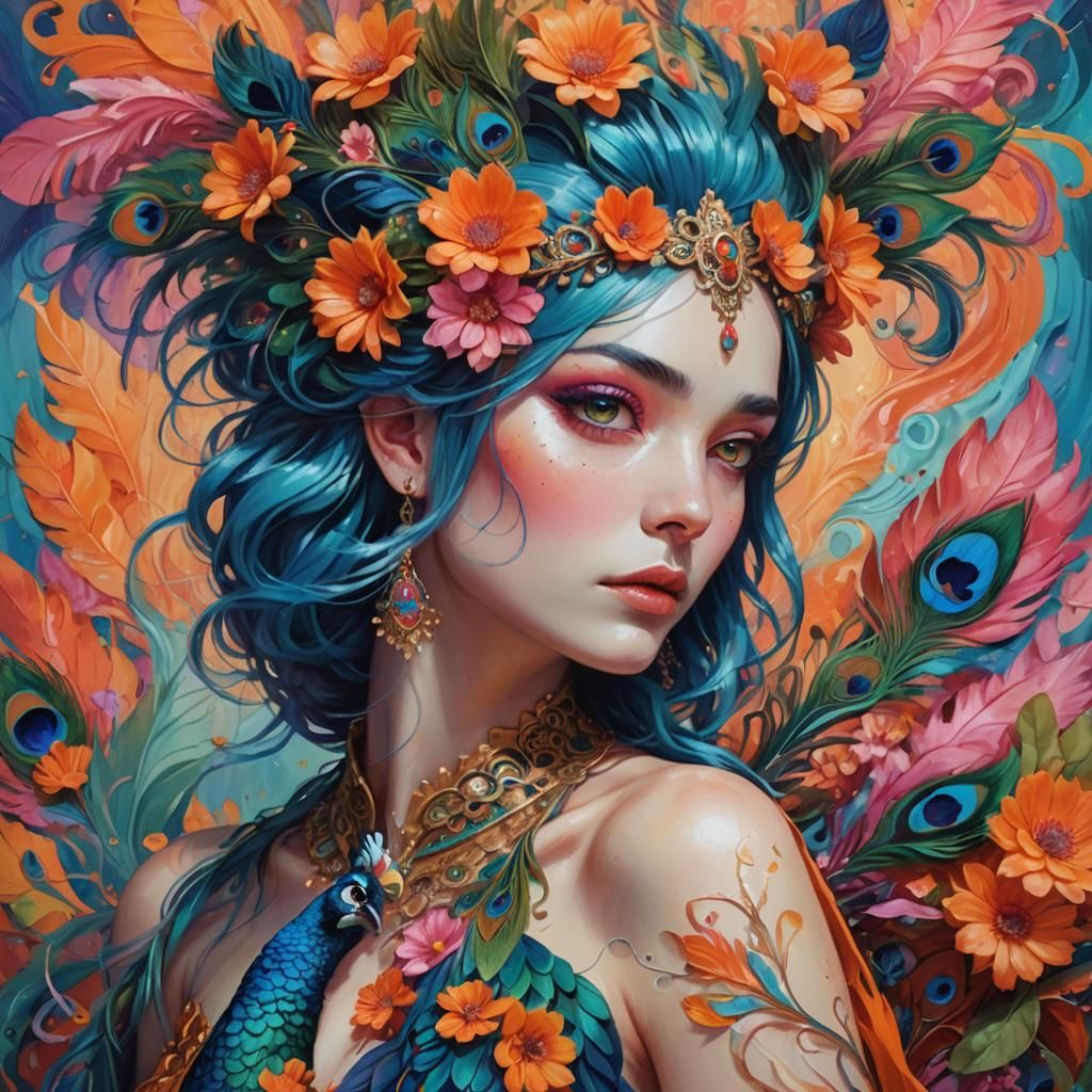Fantasy Woman with Flowers and Peacock Feathers