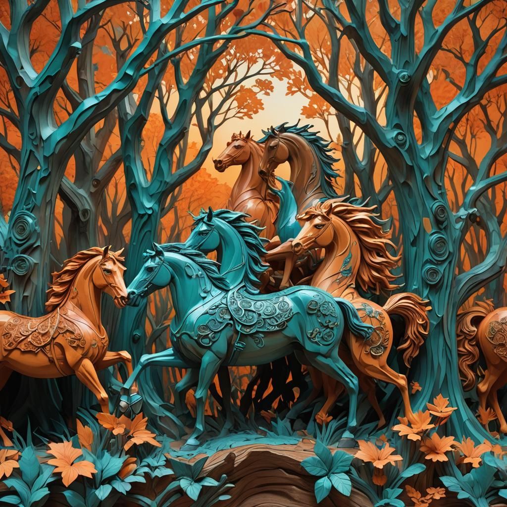 Equestrian Wood Carvings in Lush Forest: Digital Art