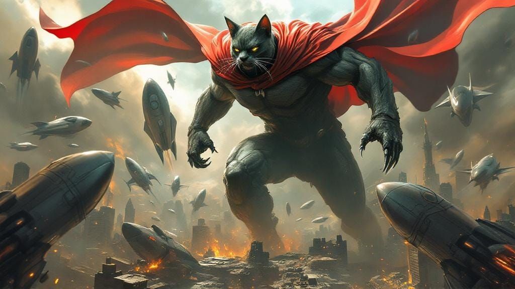 Supercat Battles Alien Invasion in Cyberpunk Cityscape