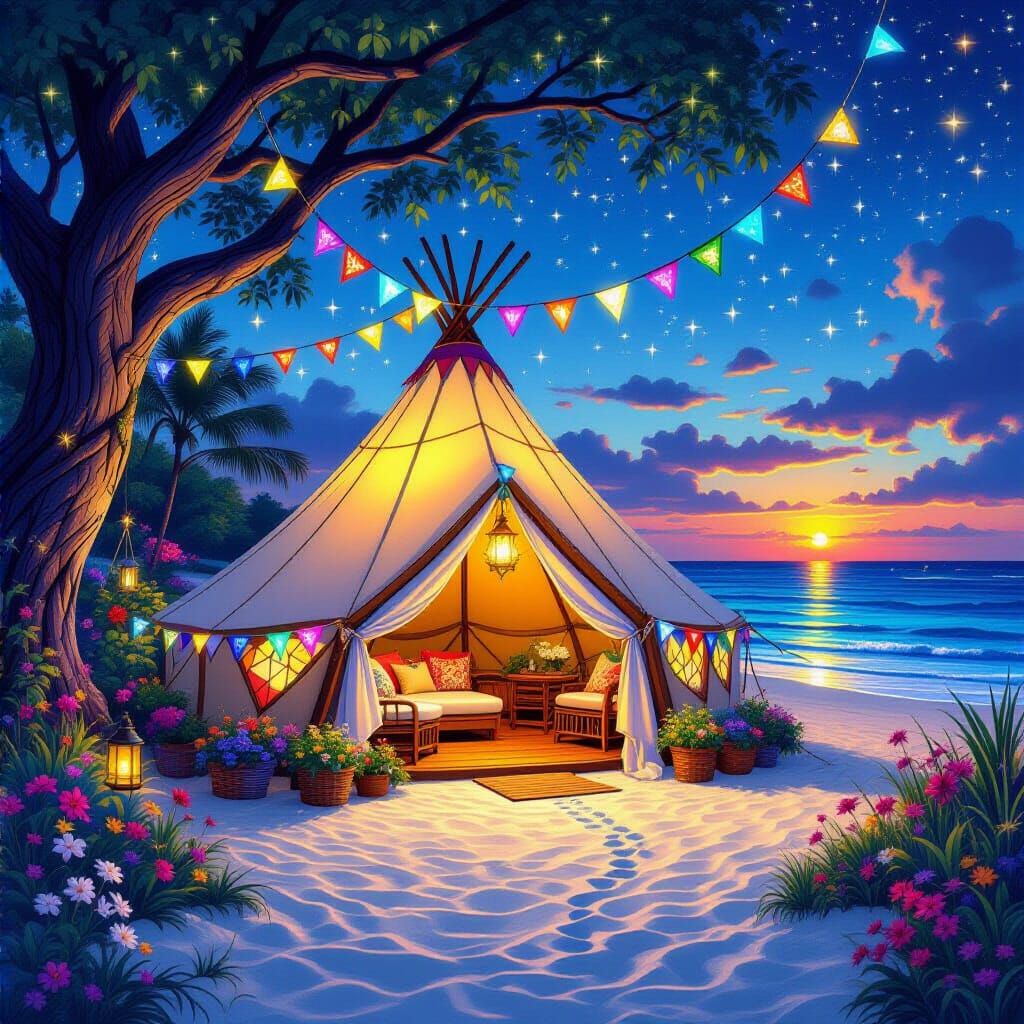Magical Beach Tent at Night with Fairylights
