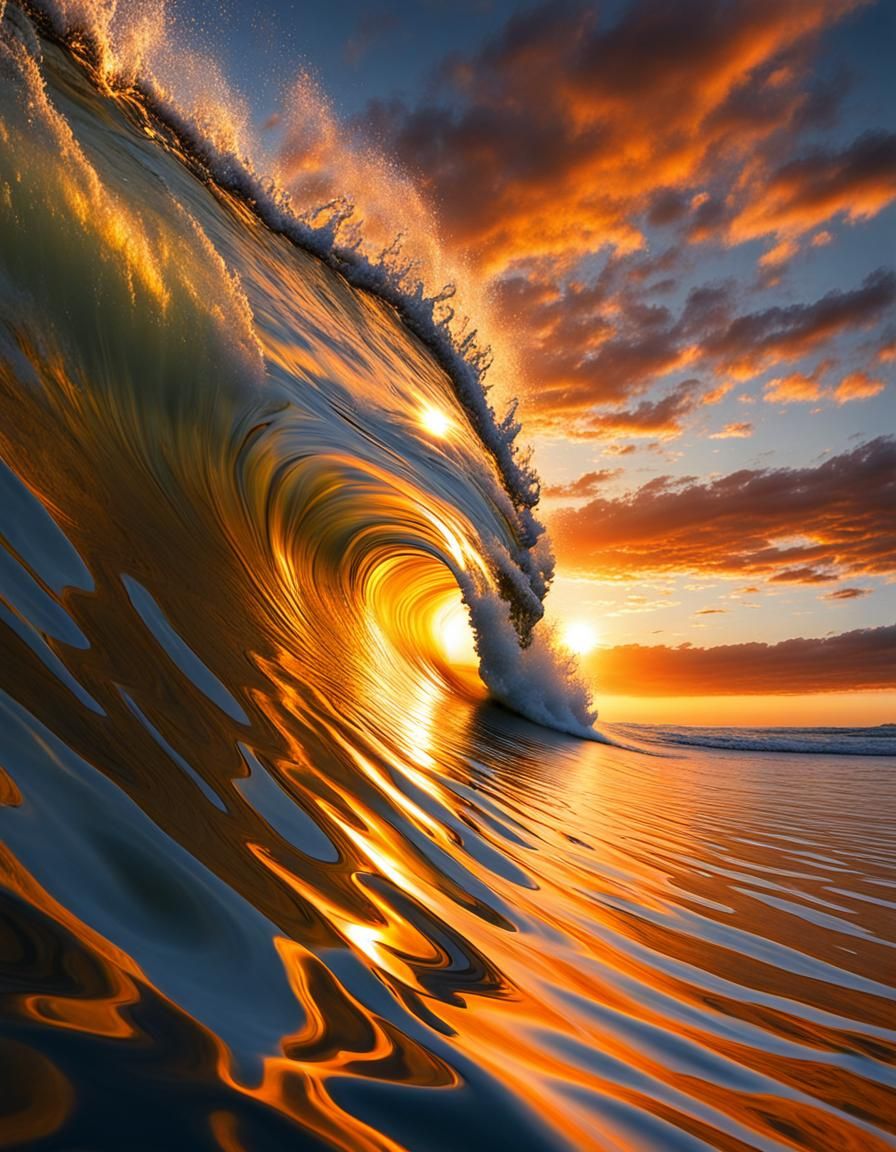 Sunset Reflection on a Curling Wave