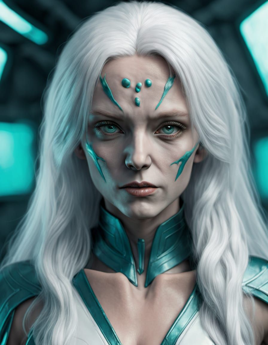 Beautiful Teal Alien Woman with Cascading White Hair Reachin...